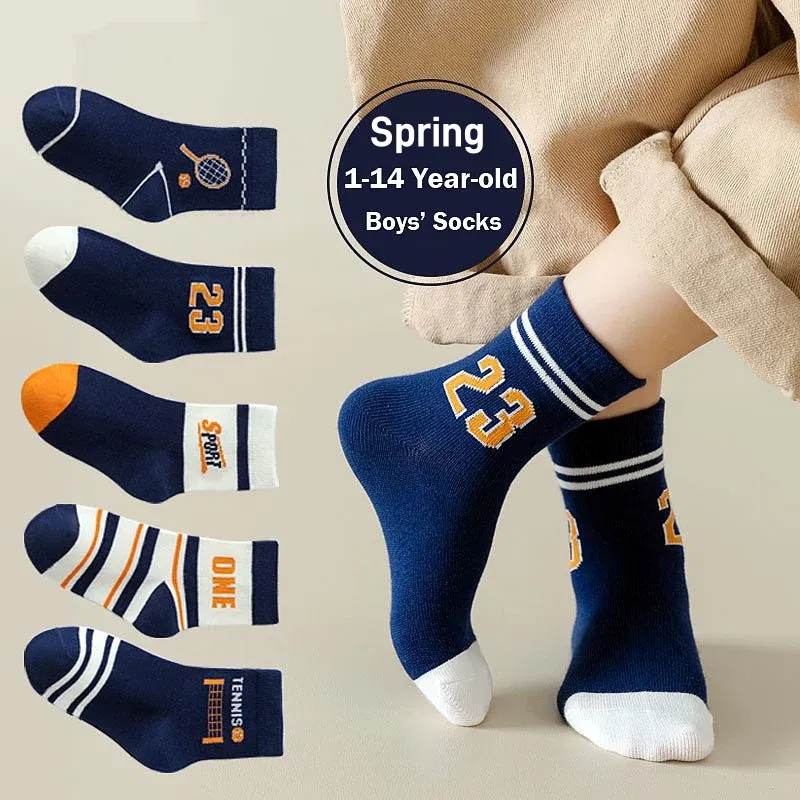 Color: Beige, Size: 7-9T - Autumn Children's Socks Little Big Boys Cotton Socks Baby Cartoon Pattern Medium Sock 5 Pairs/bag