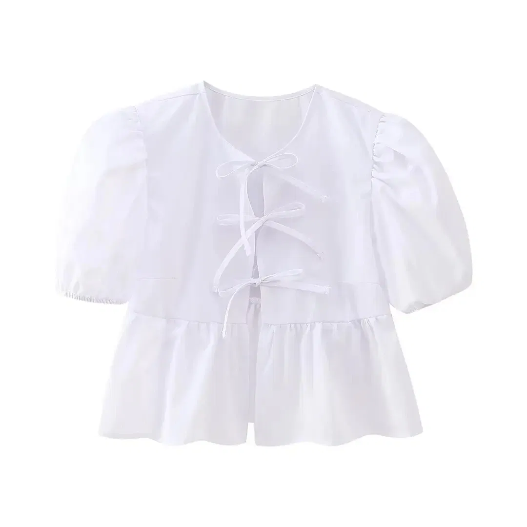 Color: WHITE, Size: S - HH Fashion Solid Hollow Out Shirt Women Causal O Neck Short Sleeved Lace Up Tops Chic Female Casual Blouse Streetwear 2024