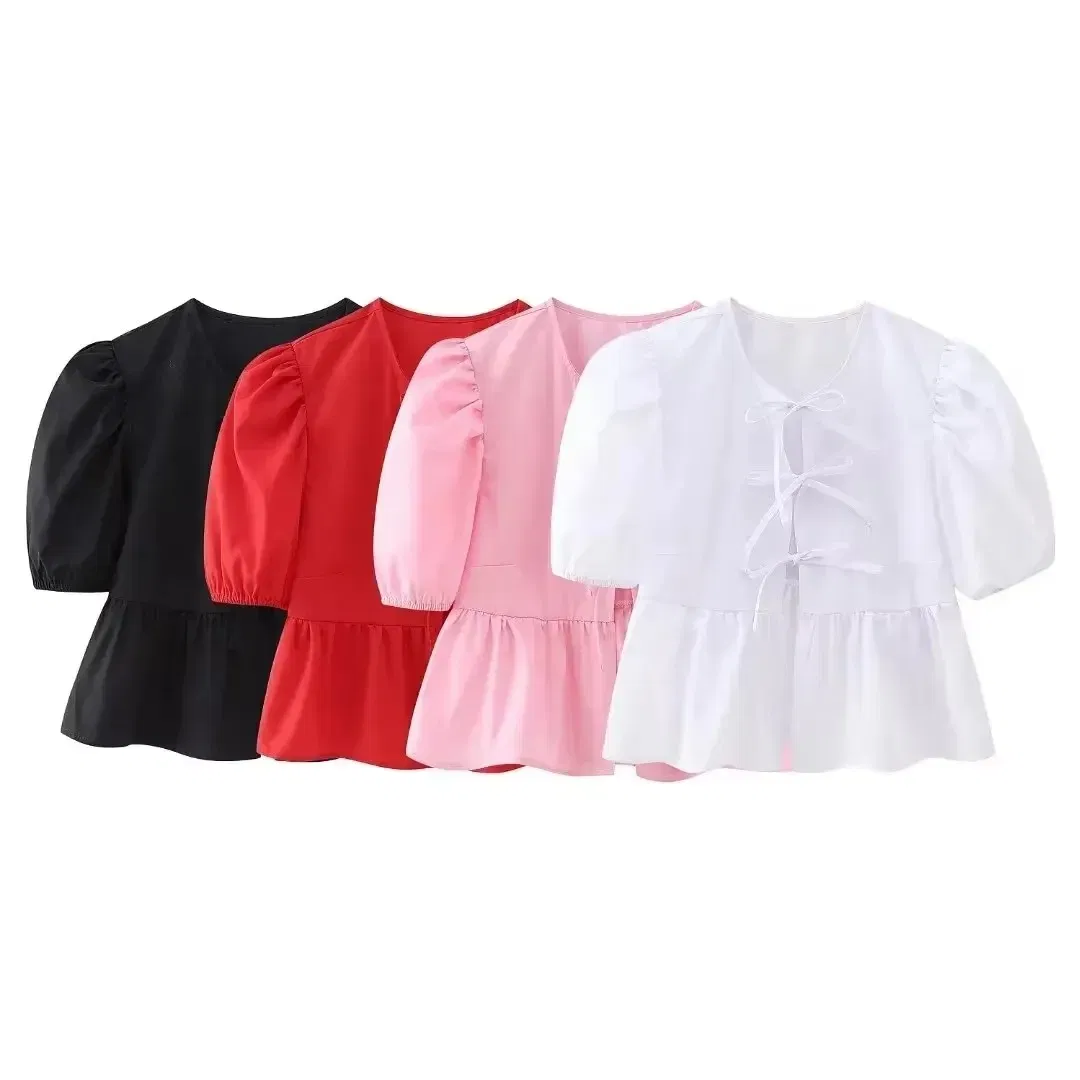Color: WHITE, Size: S - HH Fashion Solid Hollow Out Shirt Women Causal O Neck Short Sleeved Lace Up Tops Chic Female Casual Blouse Streetwear 2024
