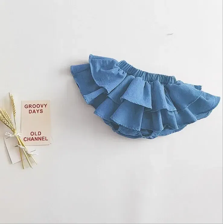 Color: Blue, Kid Size: 3T?€?€·?¤–运动?‰ - Double Layers Ruffles Lace Baby Skirt Pants Summer Cotton Linen Kids Pettiskirt Toddler Dancing Wedding Clothing Tutu Skirt