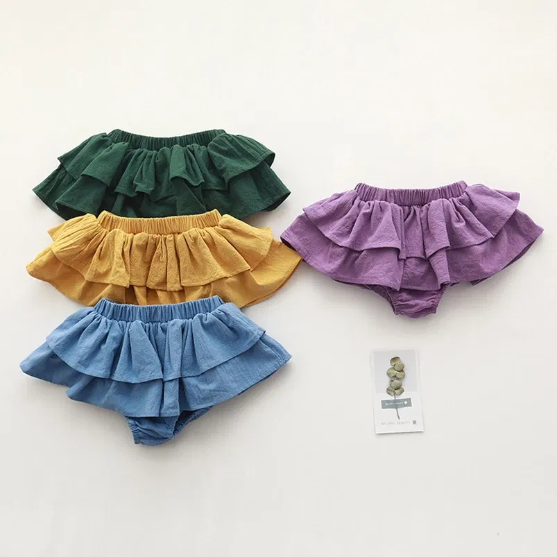 Color: Blue, Kid Size: 3T?€?€·?¤–运动?‰ - Double Layers Ruffles Lace Baby Skirt Pants Summer Cotton Linen Kids Pettiskirt Toddler Dancing Wedding Clothing Tutu Skirt