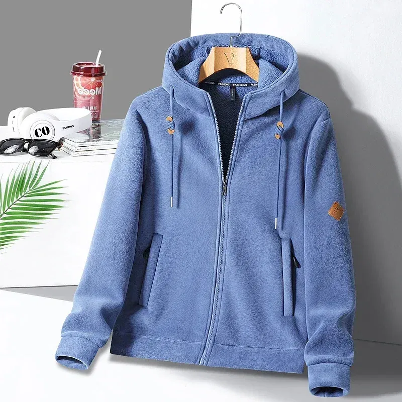 Color: Blue, Size: XL - Winter Warm Cashmere Jacket Mens High-end Ski Fleece Iined Thickened Hoodie Coat Casual Womens Outdoor Camping Cold-proof Jacket