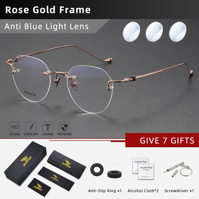 Frame Color: Pink, Eye Prescription: +275 - BLMUSA Pure Titanium Rimless Anti-blue Light Reading Glasses for Men Round Photochromic Optical Prescription with MR-8 lens