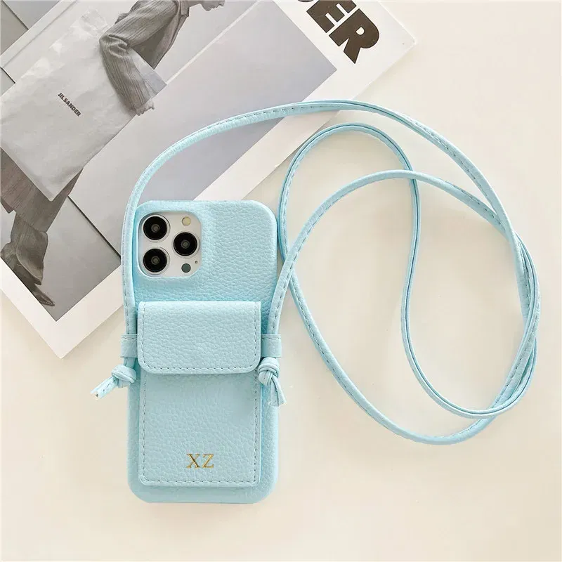 Color: SKY BLUE, Material: Genuine leather - Personalized Gold Silver Letters Leather PU Card Holder Lanyard Hard Case For iPhone 14 13 12 11 15 Pro Max XS XR 16 Plus Cover
