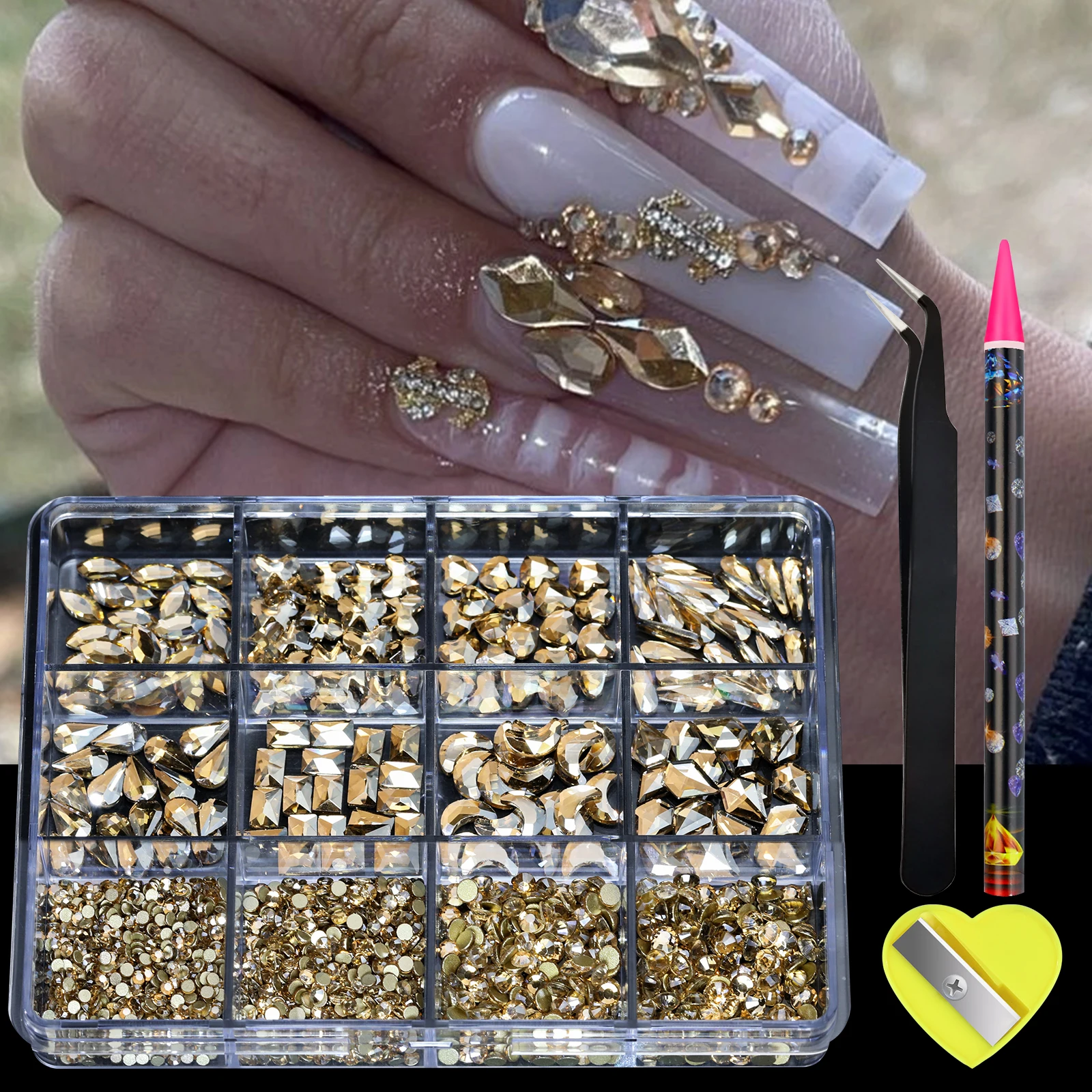 Color: WHITE - 12 Grid 3D Nail Alloy Gem Rhinestone Jewelry Charms Heart Crystal Jewelry Stones Supplies For Nails Manicure Accessories Nail Ar