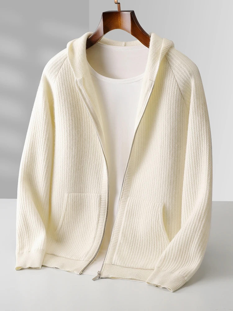 Color: Khaki, Size: M - Daily Clothes Autumn Winter Sweater Men's Coat 100% Merino Wool Sweater Cardigan Knitted Jacket Thicked Hooded Outerwears Trend