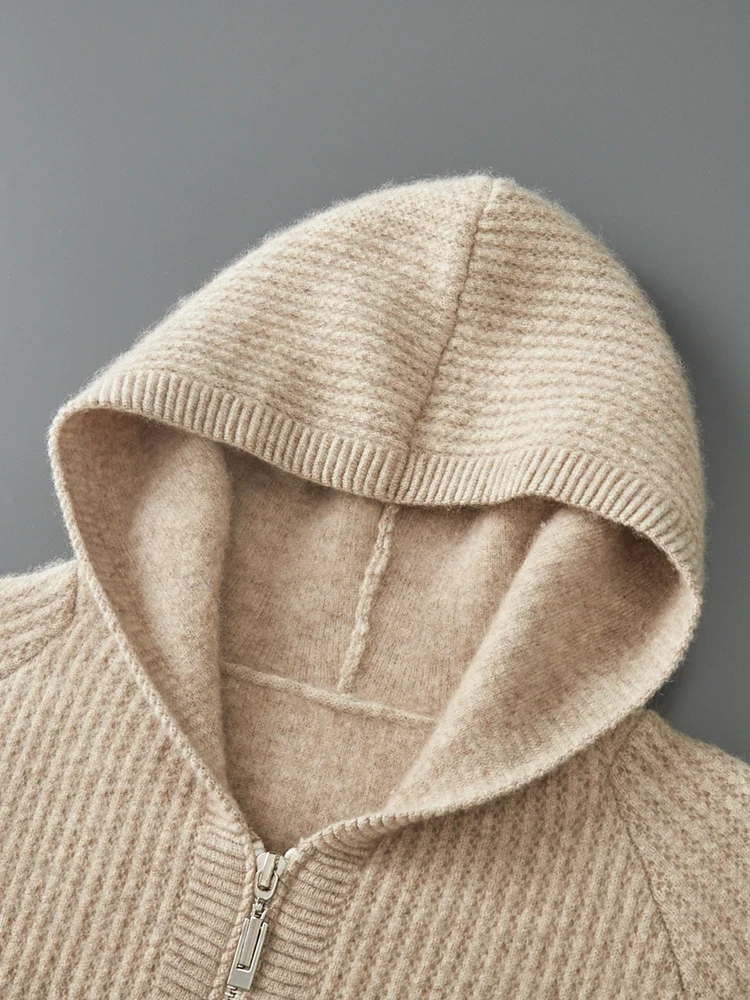Color: Khaki, Size: M - Daily Clothes Autumn Winter Sweater Men's Coat 100% Merino Wool Sweater Cardigan Knitted Jacket Thicked Hooded Outerwears Trend