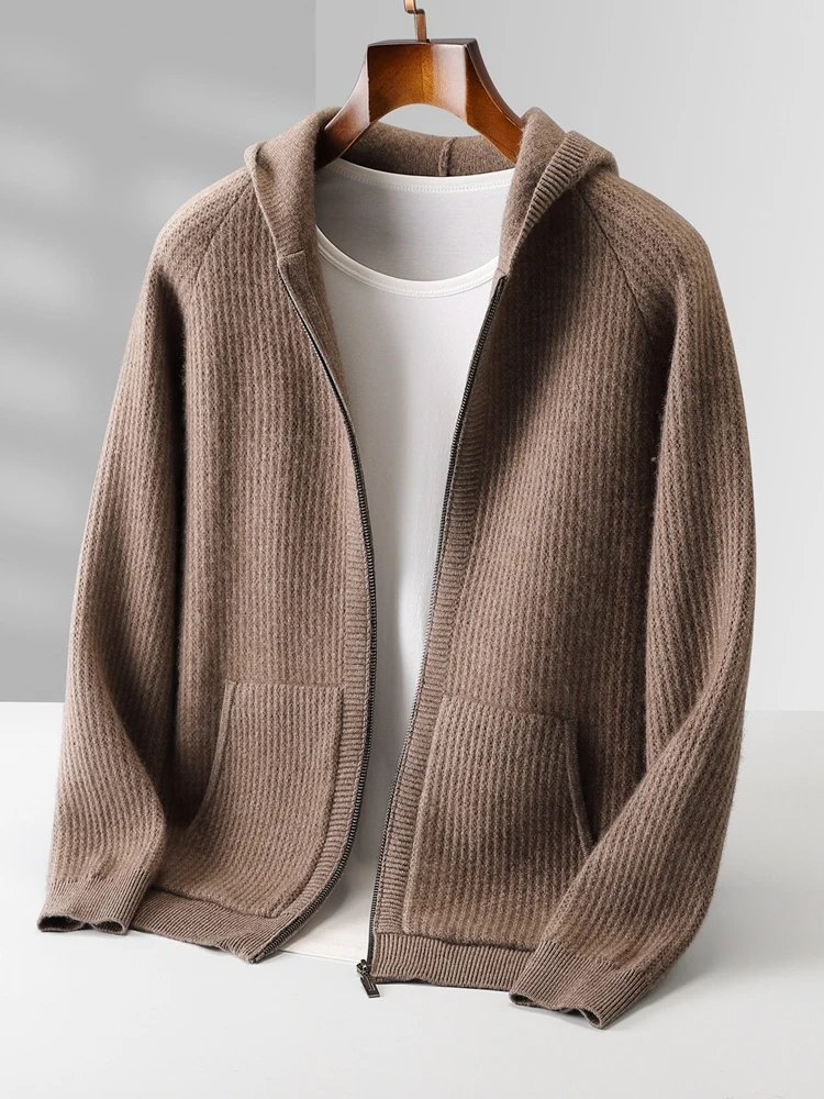 Color: Khaki, Size: M - Daily Clothes Autumn Winter Sweater Men's Coat 100% Merino Wool Sweater Cardigan Knitted Jacket Thicked Hooded Outerwears Trend