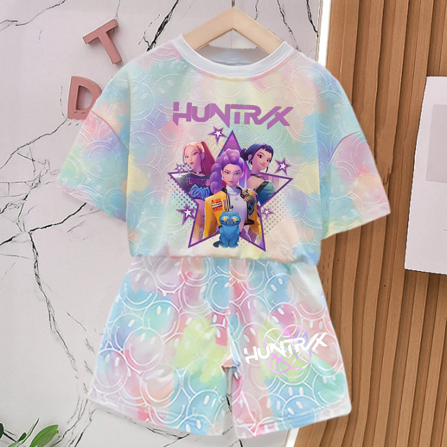 Color: GRAY, Size: S - KPop Demon Hunters New T-shirt Pants Set Girls Summer Clothing Kawaii Smile Face Short Sleeve Outfits Kids Tee Top Pajamas Gift