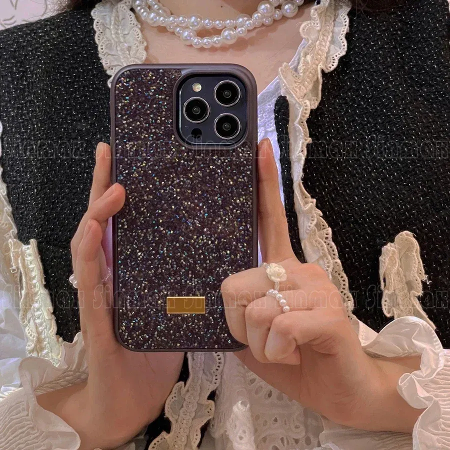 Color: Dark purple, Material: ABS - Bling Glitter Phone Case For iPhone 16 15 14 13 12 Pro Max 11 Vogue Protective Soft Diamond Cover Coque Funda