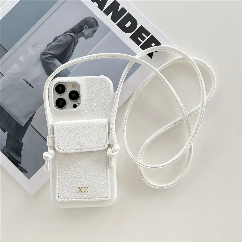 Color: Beige, Material: Silicon - Personalized Gold Silver Letters Leather PU Card Holder Lanyard Hard Case For iPhone 14 13 12 11 15 Pro Max XS XR 16 Plus Cover