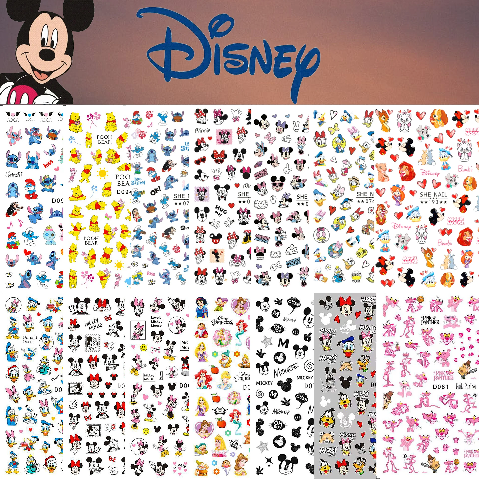 Color: Blue White - 1PCS Disney Cartoon Nail Stickers Wholesale Waterproof Paste Nail Art Sticker Princess Mickey Anime Series Nail Decoration