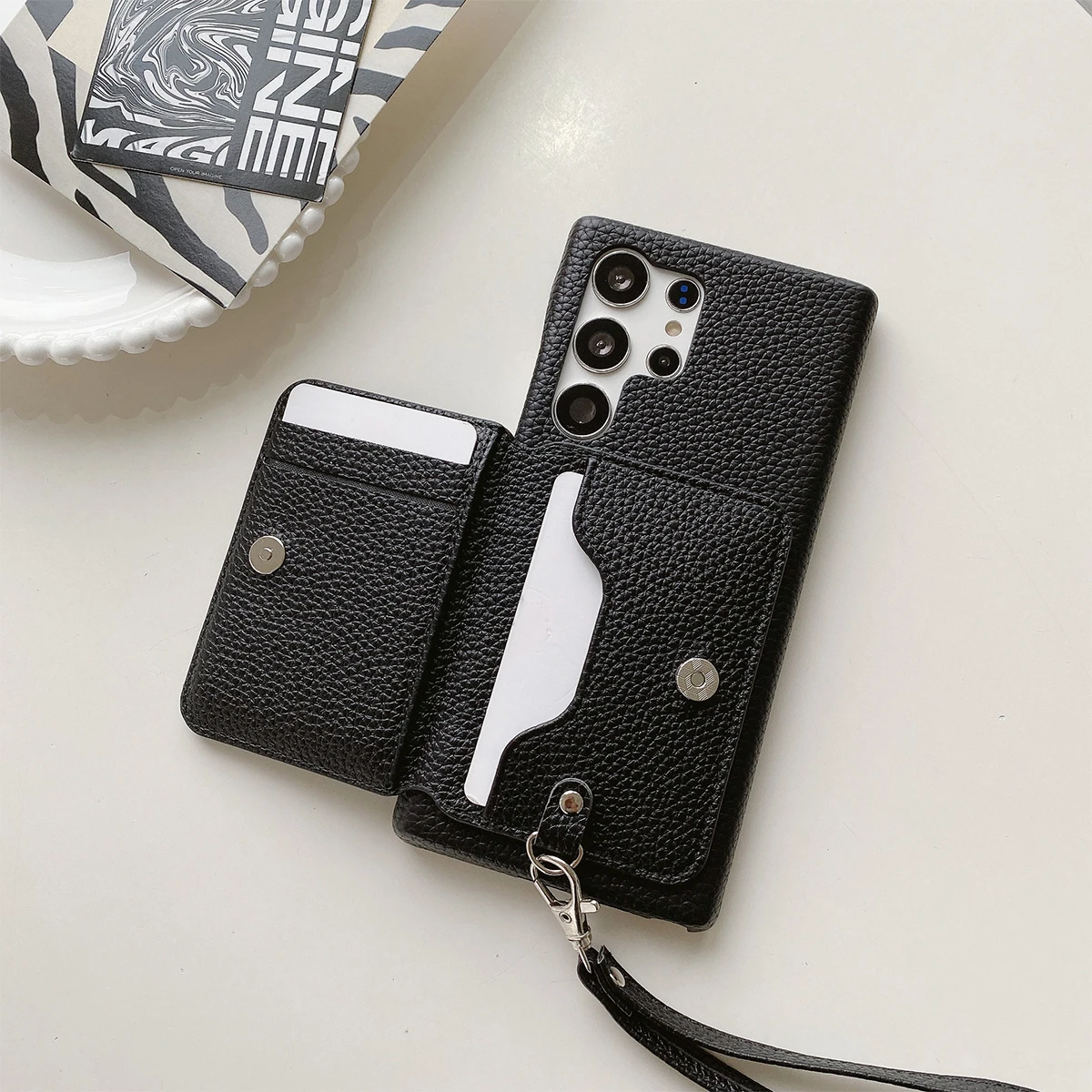 Color: GRAY, Material: Microfiber - Luxury Lanyard Wallet Case For Samsung Galaxy S21 FE S22 S23 Plus Note 20 Ultra A52 A53 A54 5G Lichee Pattern Leather Cover