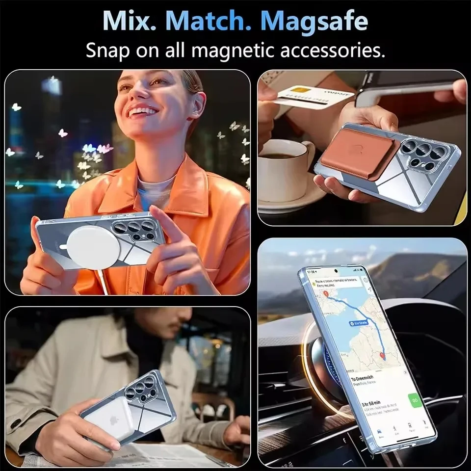 Color: Clear, Material: Aluminum - For Samsung Galaxy Note 10 PLUS 20 Ultra A05 A05S A06 A15 A16 A26 A35 A36 A54 For Magsafe Magnetic Wireless Charging Phone Case