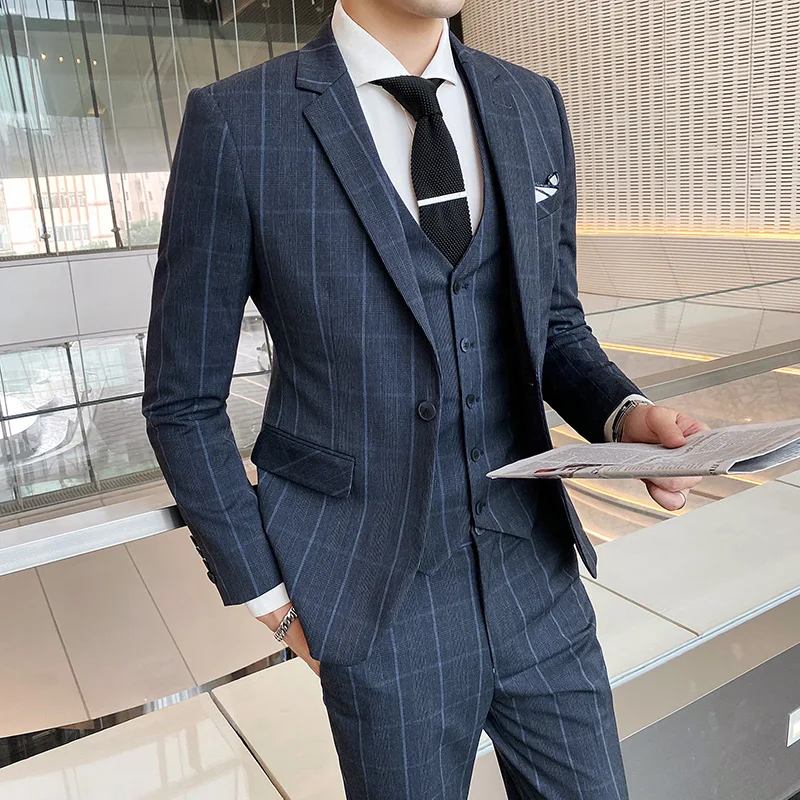 Color: Fuchsia, Size: S - Gray Men Classic Striped/Checked Suits, Business Office 3 Piece, Asian Size Slim Fit Men Dress Jacket & Pants with Vest, S-4XL
