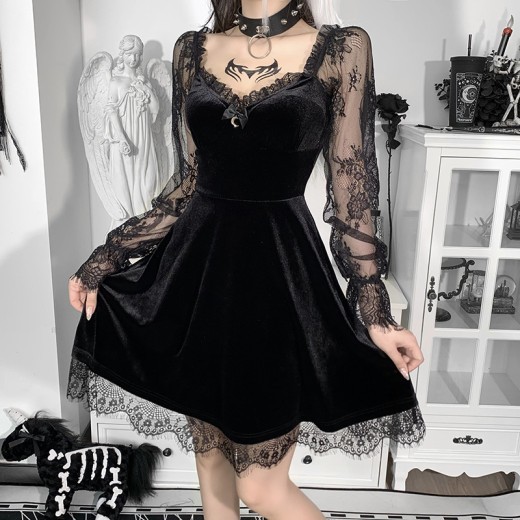 Sexy Lace Stitching Flared Long Sleeve Dress
