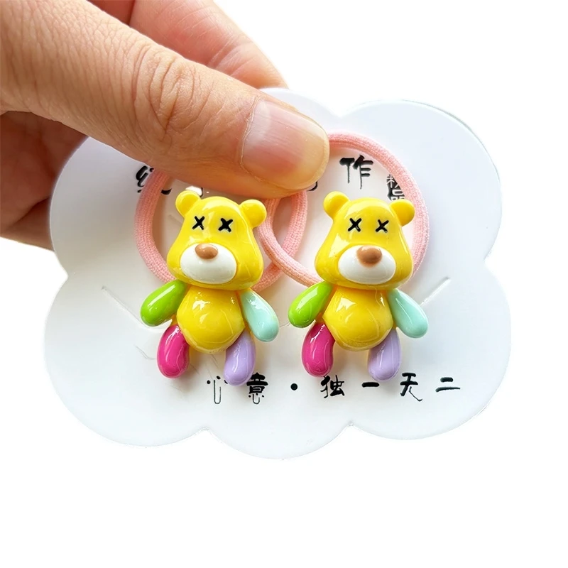 Color: Pink - 2PCS New Red Cartoon Lovely Cream Bear Girls Kids Elastic Hair Bands Princess Hair Accessories Children Hair Ties Baby Headwear