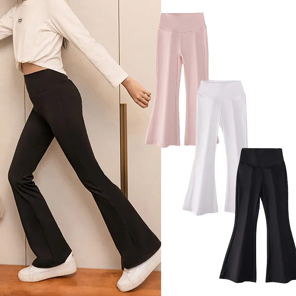 Color: Brown, Size: 128 - Girls High Waist Flared Pants for Spring and Autumn Kids Fashion Tight Leggings with Stylish Elastic Teenager Bottoms Clothes