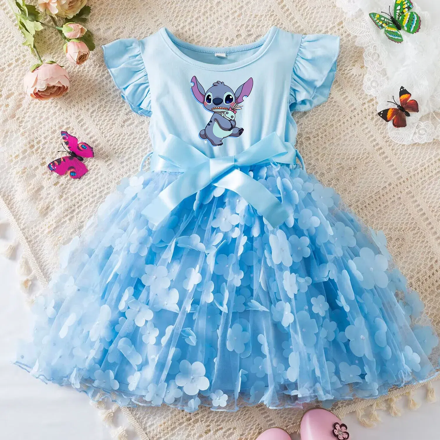 Color: Lavender, Size: XL - 3D Butterfly Cute Lilo Stitch Summer Dress for Kid's Casual Clothes Baby Girls Beautiful Princess Dress Party Dresses 2-6 Yrs