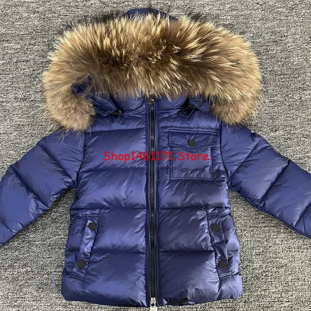 Color: Orange, Kid Size: 8 - Kids Winter Down Jacket Shiny Real Raccoon Fur Collar Toddler Boys Hooded Coat Baby Girls Warm Snowsuit Children's Parkas