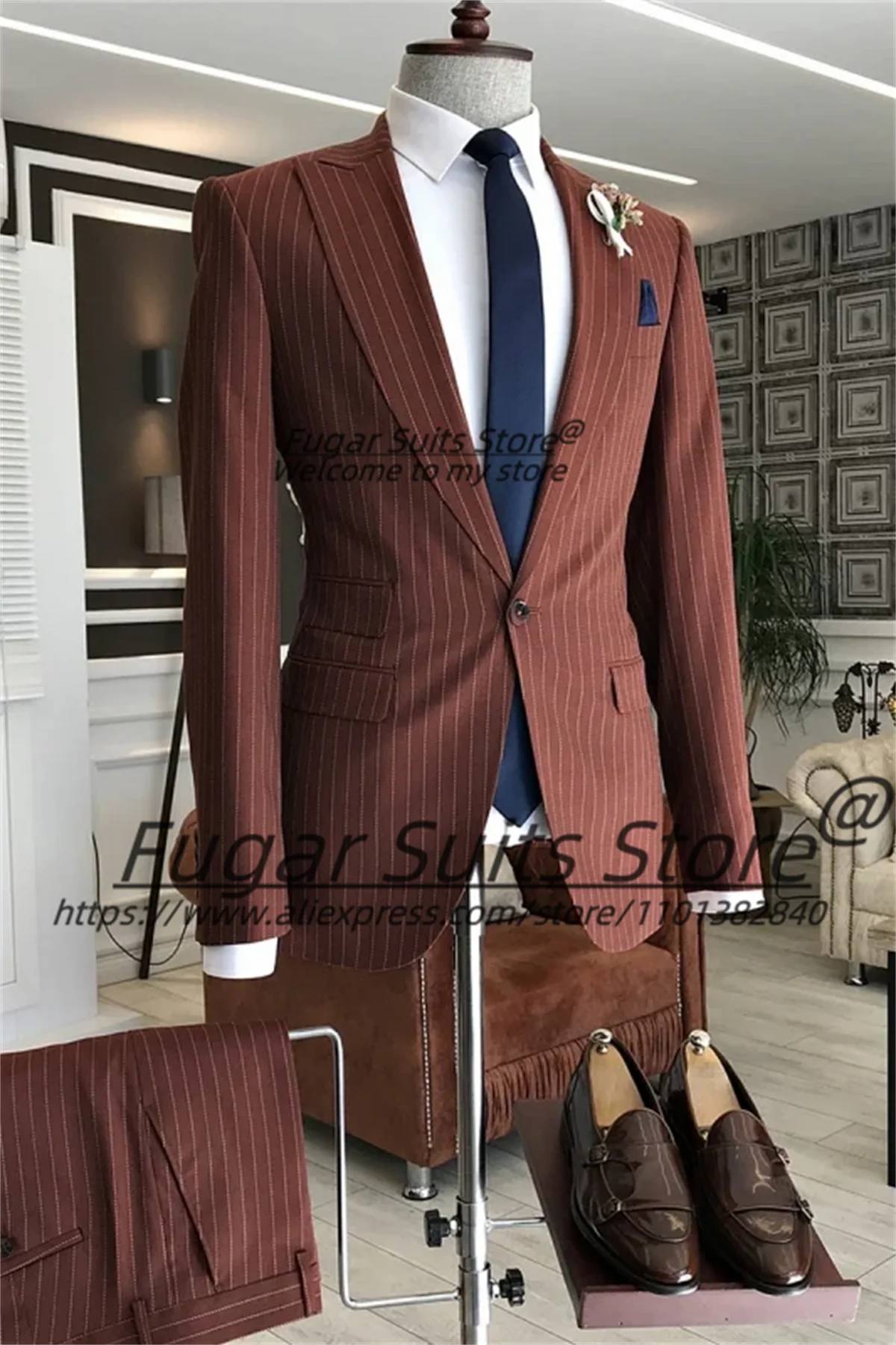 Color: GRAY, Size: L - Wine Red Stripe Wedding Suits For Men Slim Fit Peak Lapel Groom Party Tuxedos 2 Pieces Sets Business Male Blazers Costume Homme