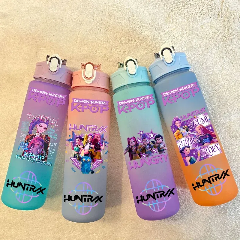 Color: Chocolate, Size: 40cm - 750ML K-pop Demon Hunters HUNTR X Rumi Mira Zoey Jinu Celine Kpop Plastic Water Cup K Pop Drinking Bottle School Huntrix Gourde