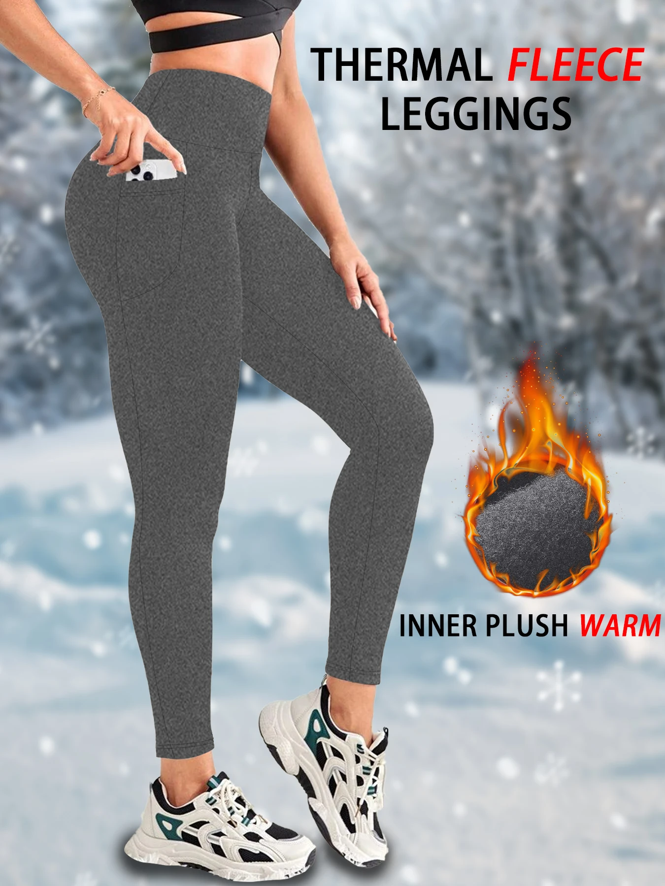 Color: GRAY, Size: XXL - Womens Thermal Fleece Lined High Waisted with pockets Leggings, Workout Winter Warm Thick Tights Soft Yoga Running Pants