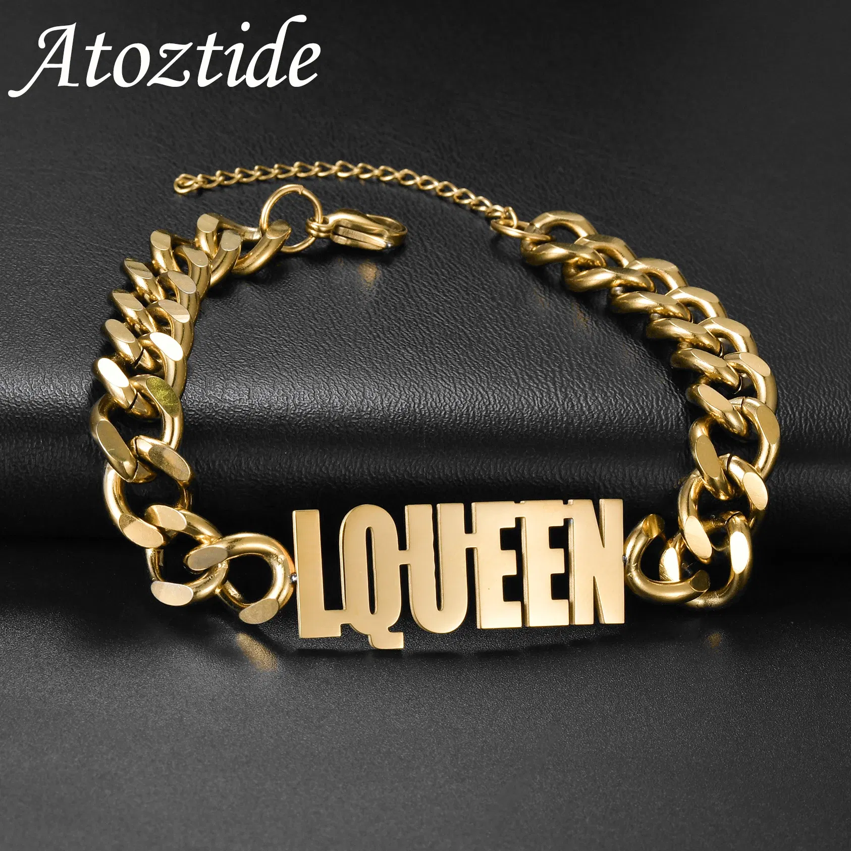 Metal Color: PURPLE, Length: 17.5cm, Main Stone Color: Silver - Atoztide Personalized Custom Name Bracelet for Women Men Stainless Steel 10mm Cuban Chain Nameplate Handmade Bangle Jewelry Gift