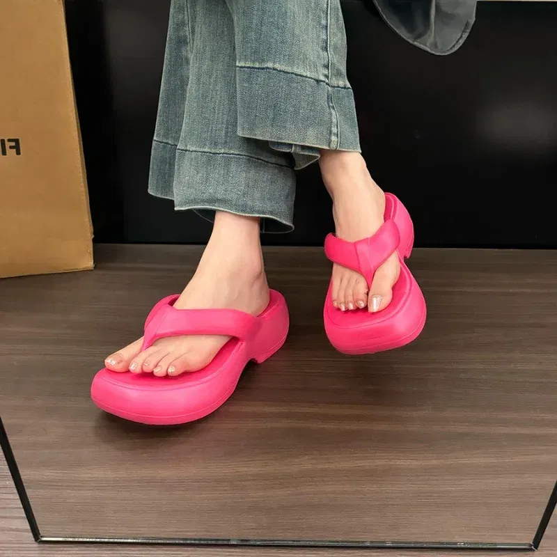 Color: Rosy Red, Shoe Size: 37-38 - Casual Round Square Toe Women Flip-flops Innovative Desgin Soft-soled Outdoor Slippers Non-slip Lightweight Women's Sandals