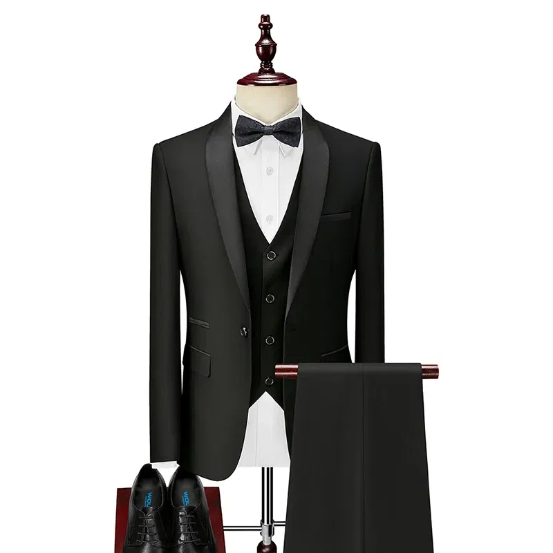 Color: black, Size: M - Shenrun Men Tuxedo Slim Fit Fashion Suit Wedding Shawl Lapel 3 Pieces Skinny Single Breasted Jacket Party Prom Singer Costume