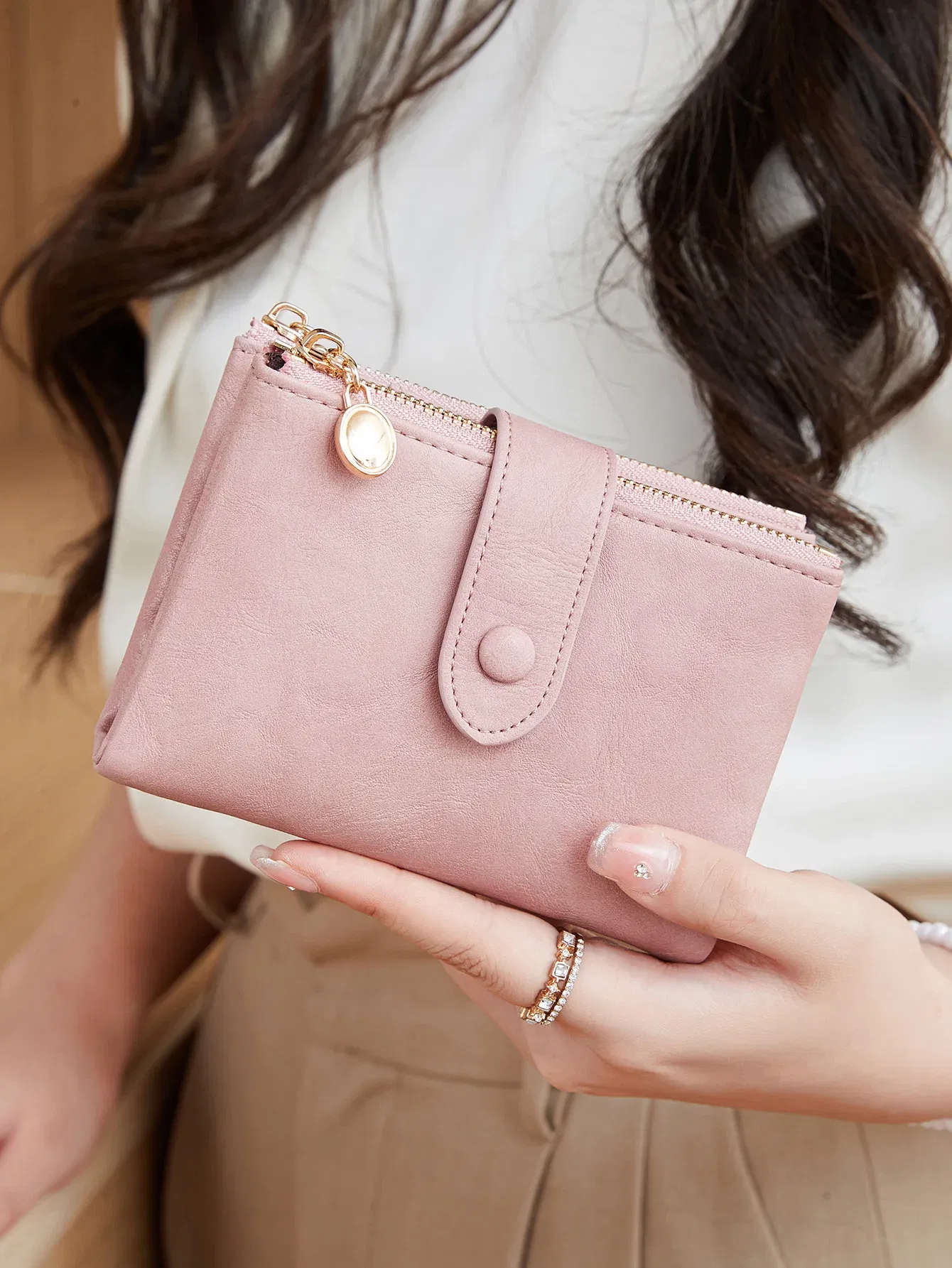 Color: GRAY - Minimalist Women's Wallet Short Three Layer Large Capacity Double Zipper Card Holder ID Card Credit Bank Card Holder Money Bag