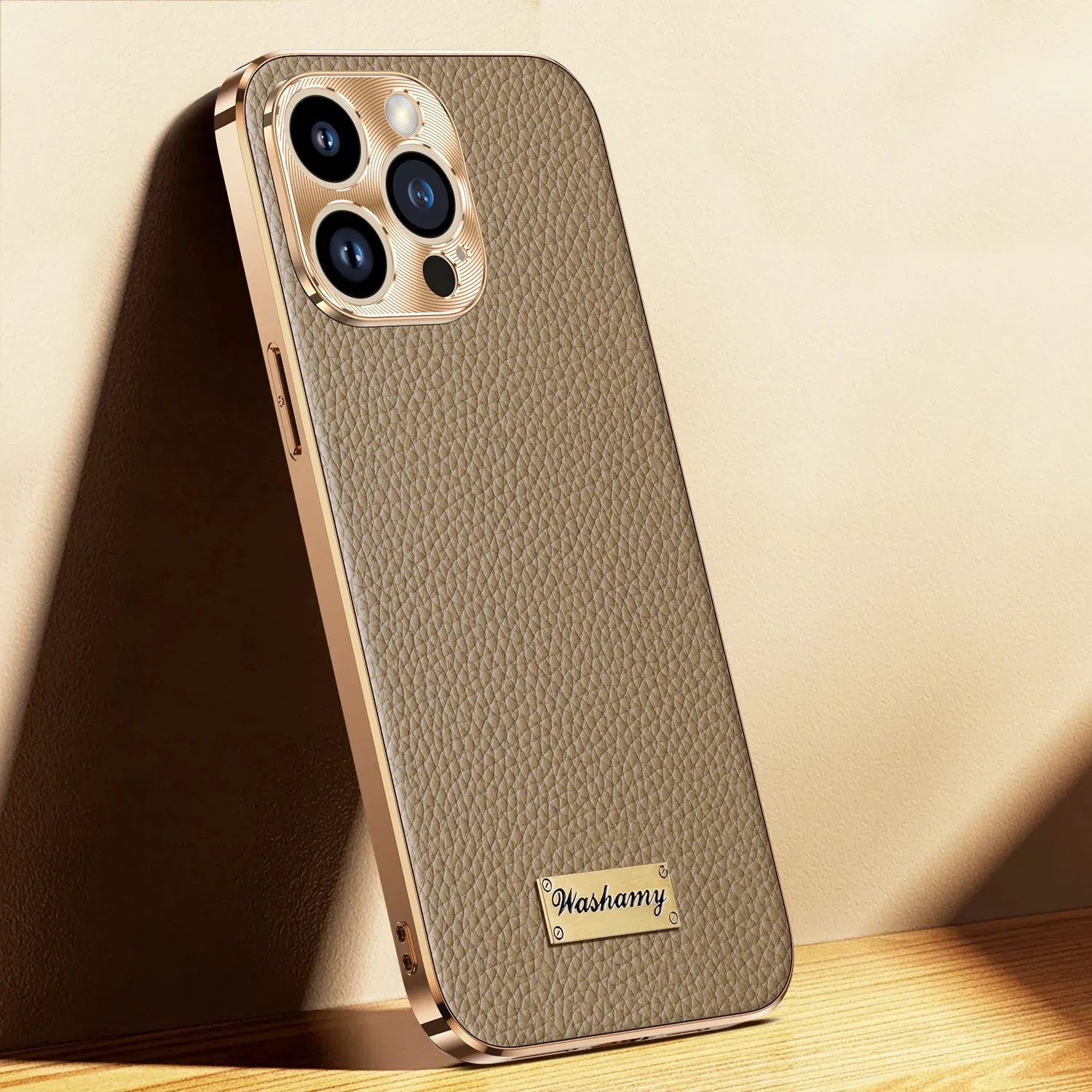 Color: Beige, Compatible-Phone Models: For iPhone 15 Pro - Luxury Genuine Leather Phone Case For iPhone 15 14 13 Pro Max Plating Soft Silicone Frame Shockproof Cover For iPhone 16 Pro Max