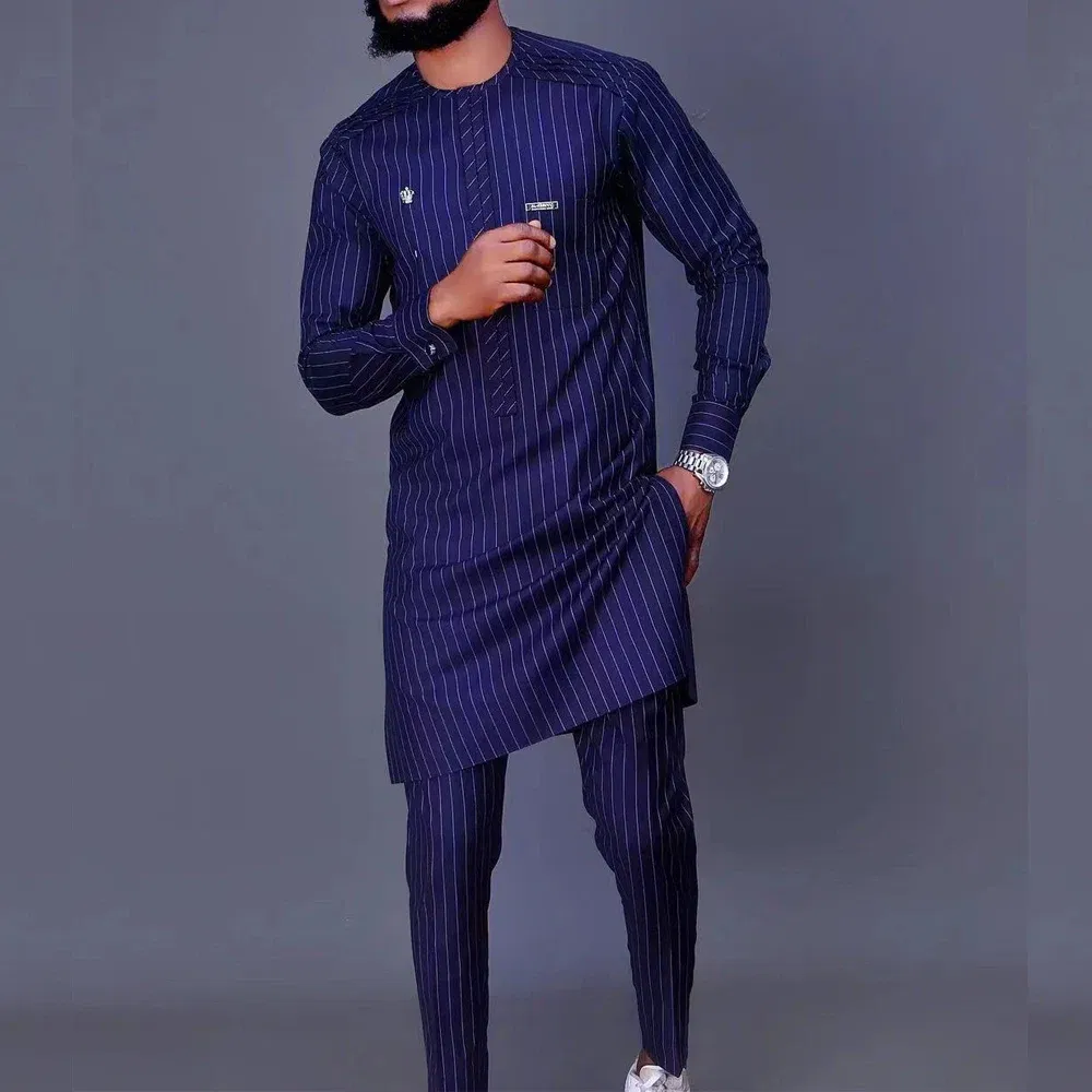 Color: Khaki, Size: L - New Men's Tenos Wedding 2-Piece Suit Waist Pants Shirt Solid Color Panel Long Sleeve Party African Ethnic Style Clothing (M-4XL)
