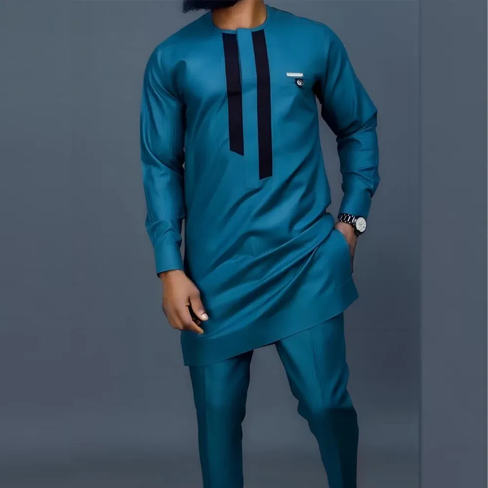 Color: Khaki, Size: L - New Men's Tenos Wedding 2-Piece Suit Waist Pants Shirt Solid Color Panel Long Sleeve Party African Ethnic Style Clothing (M-4XL)