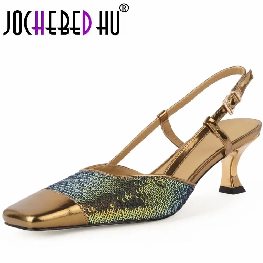 Color: Beige, Shoe Size: 36 - 【JOCHEBED HU?‘Sexy Genuine Leather Square Toe Women Sandals Thin High Heels Slingback Pumps Fashion Office Party Shoes 33-40
