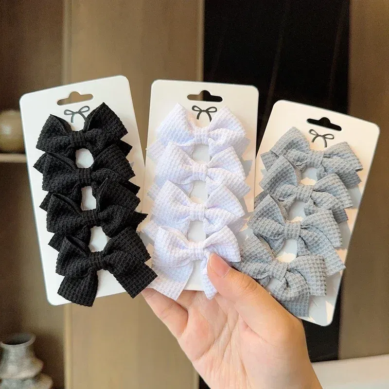 Color: Coffee - 4PCS Soft Cotton Bow Hairpin Girl Sweet Plaid Design Hairpin Color Block Delicate Hairgripe Barrettes Kawaii Child Accessories