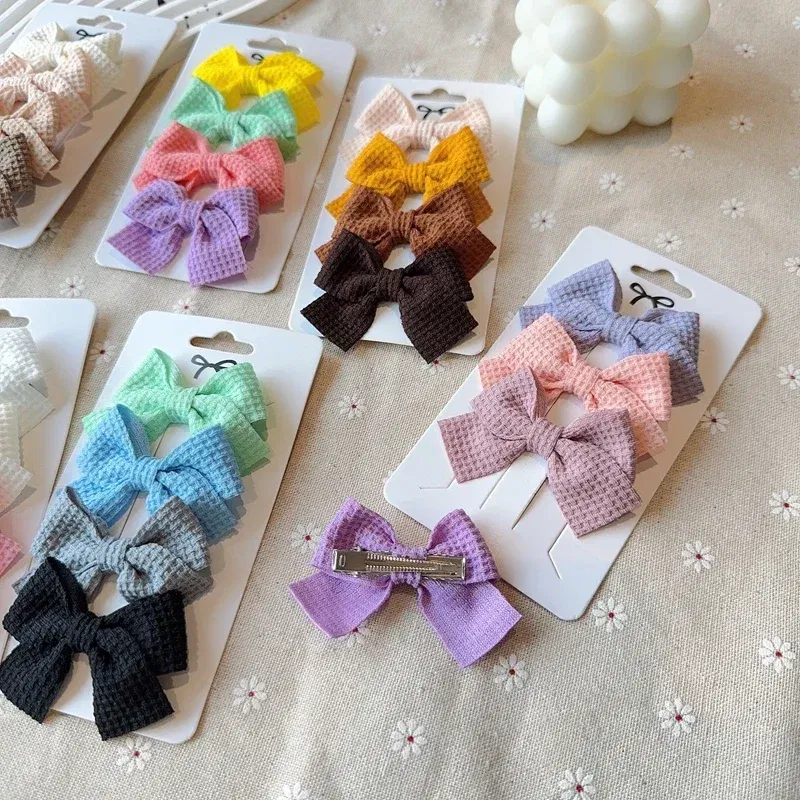Color: Coffee - 4PCS Soft Cotton Bow Hairpin Girl Sweet Plaid Design Hairpin Color Block Delicate Hairgripe Barrettes Kawaii Child Accessories