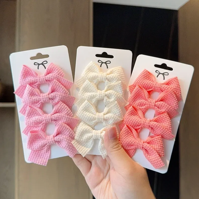 Color: Coffee - 4PCS Soft Cotton Bow Hairpin Girl Sweet Plaid Design Hairpin Color Block Delicate Hairgripe Barrettes Kawaii Child Accessories