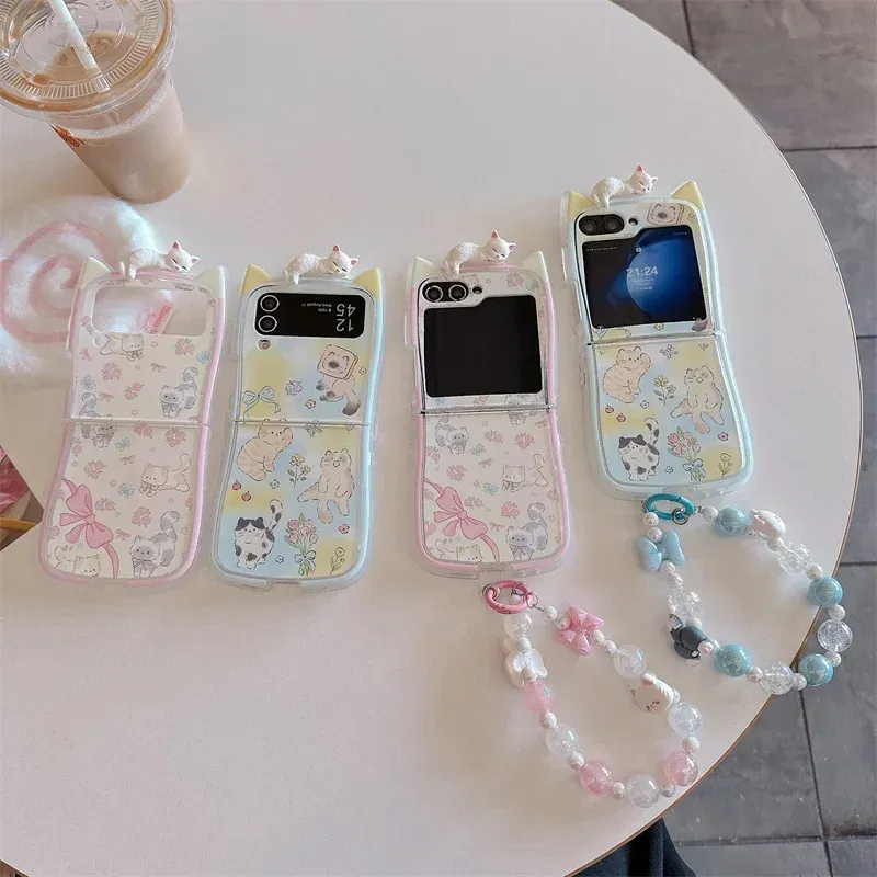 Color: Khaki, Material: Microfiber - 3D Flower Cat Bracelet Phone Case For Samsung Galaxy Z Flip 7 FE 6 5 4 3 ZFlip6 Z Flip6 ZFlip 6 Cat Ears Shockproof Cover
