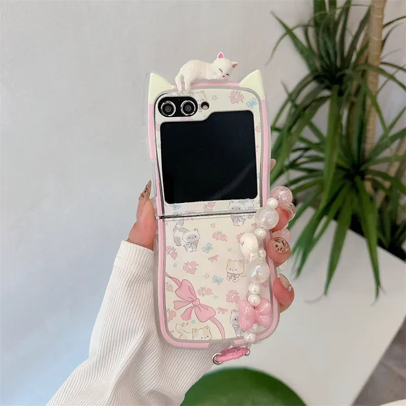 Color: Khaki, Material: Microfiber - 3D Flower Cat Bracelet Phone Case For Samsung Galaxy Z Flip 7 FE 6 5 4 3 ZFlip6 Z Flip6 ZFlip 6 Cat Ears Shockproof Cover