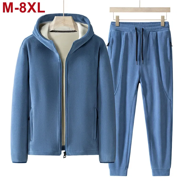 Color: Brown, Size: L - Plus Size 7xl 8xl Men's 2pcs Tracksuit Sets Winter Warm Polar Fleece Liner Jacket+pants Set Men Casual Thick Sportswear Clothes