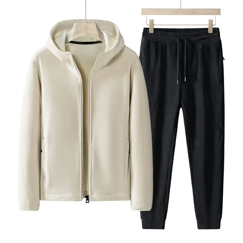 Color: Brown, Size: L - Plus Size 7xl 8xl Men's 2pcs Tracksuit Sets Winter Warm Polar Fleece Liner Jacket+pants Set Men Casual Thick Sportswear Clothes