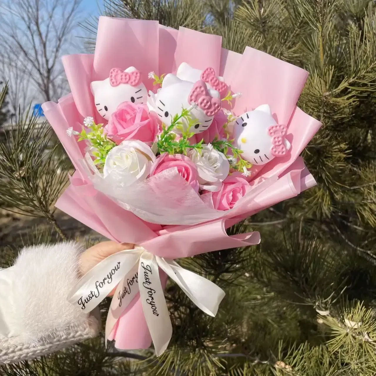 Color: Burgundy - Kawaii Hello Kitty Cat Dolls With Artificial Flowers Creative Bouquet Christmas Valentine Birthday Graduation Gifts