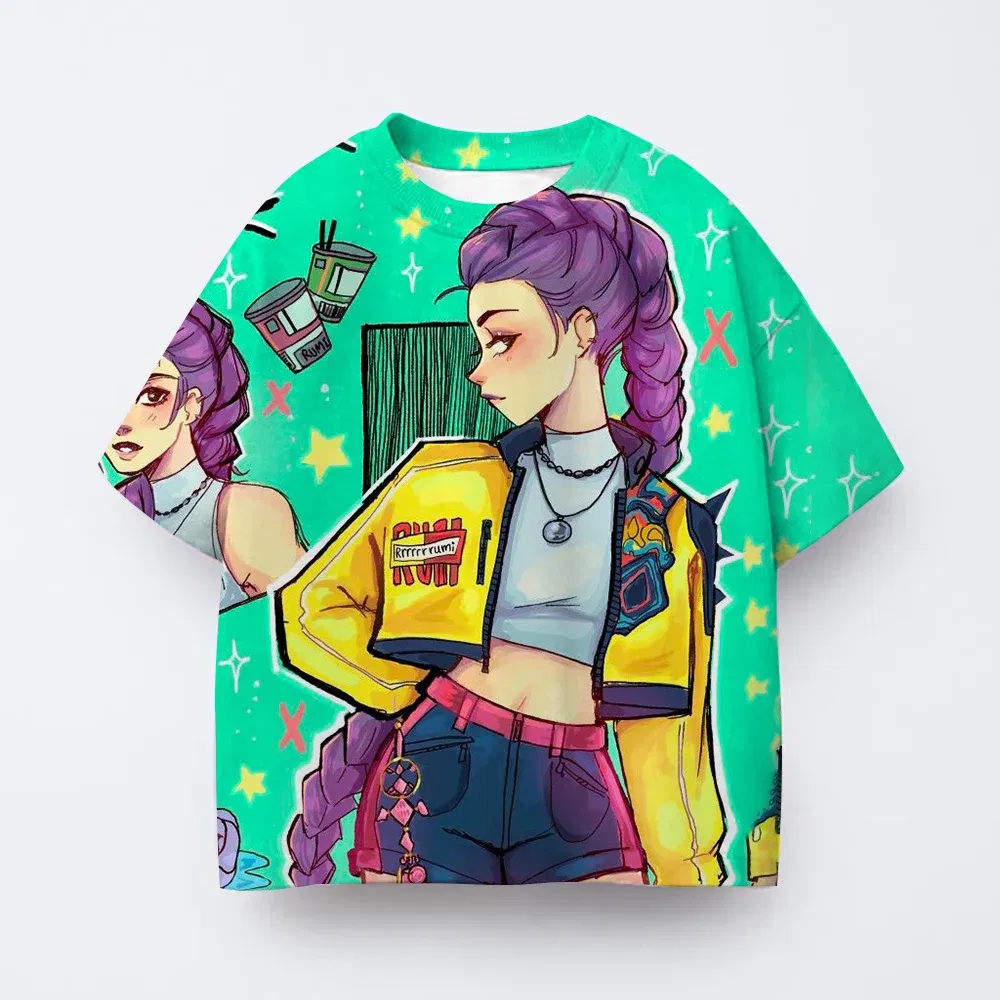 Color: Beige, Kid Size: 7 - Toddler Girl Clothes Kpop Demon Hunters Cartoon Tee Shirt Funny Gift for Fans Harajuku Cool Kids T-shirts Cotton Summer Tops
