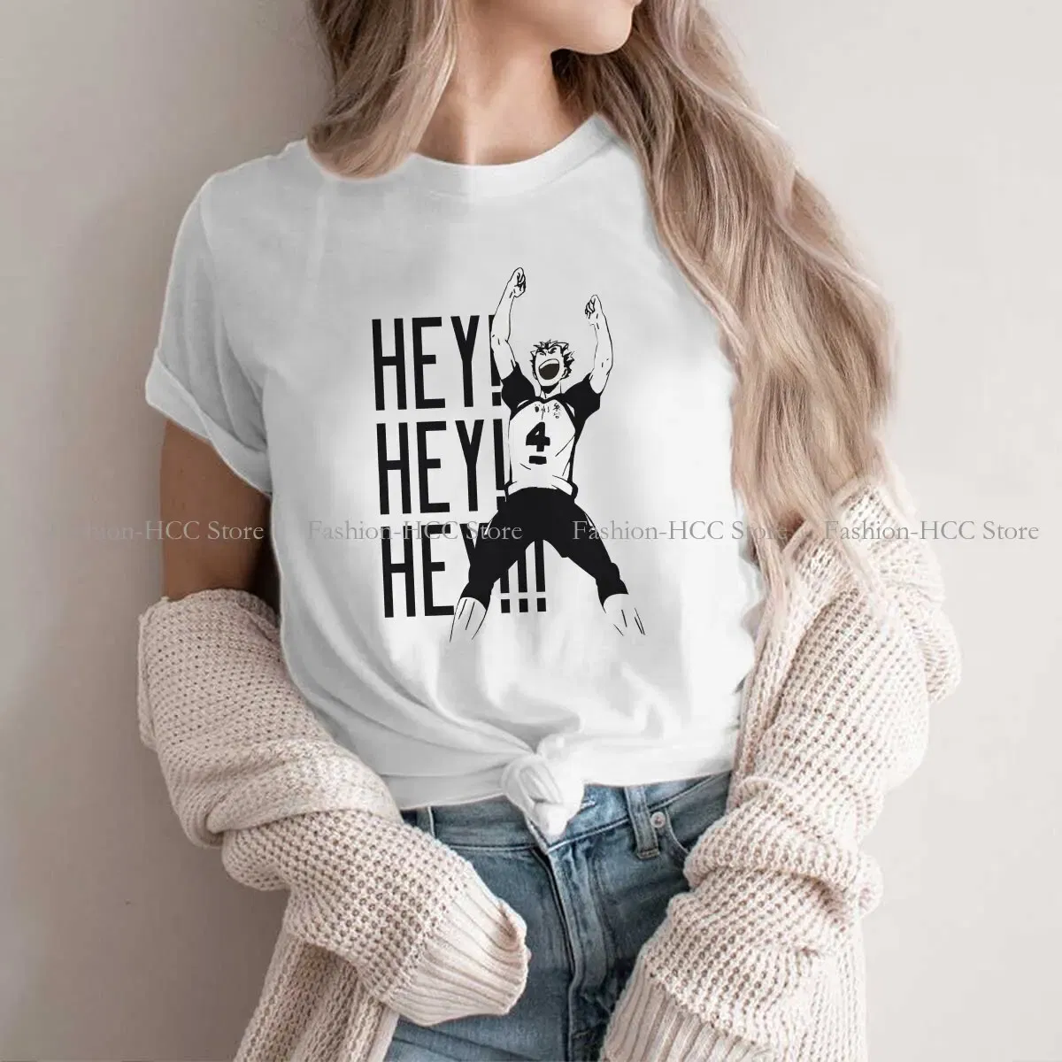 Color: WHITE, Size: S - Haikyuu Cartoon Anime Polyester TShirts Bokuto Kotaro Hey Hey Hey Print Men's T Shirt New Trend Clothing