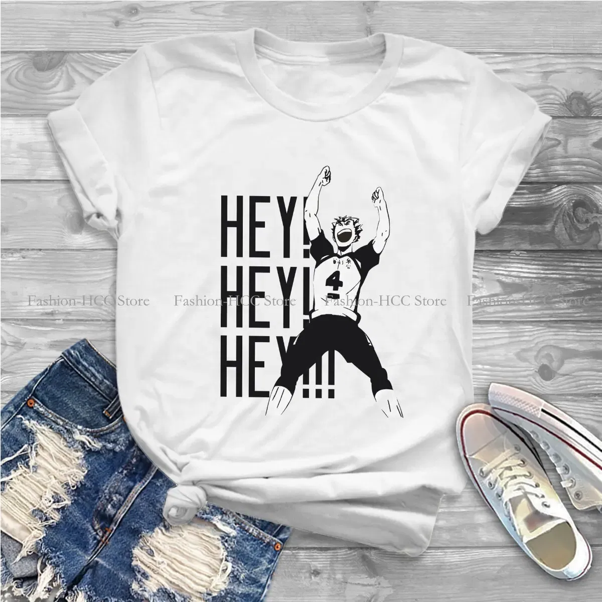 Color: WHITE, Size: S - Haikyuu Cartoon Anime Polyester TShirts Bokuto Kotaro Hey Hey Hey Print Men's T Shirt New Trend Clothing