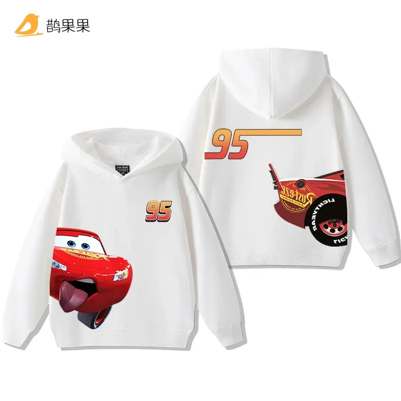 Color: Beige, Kid Size: 4 - Cars Lightning McQueen Fun Printed Kids Boys Girls Hooded Sweatshirt Fall and Winter Casual Fashion Warm Student Hoodie