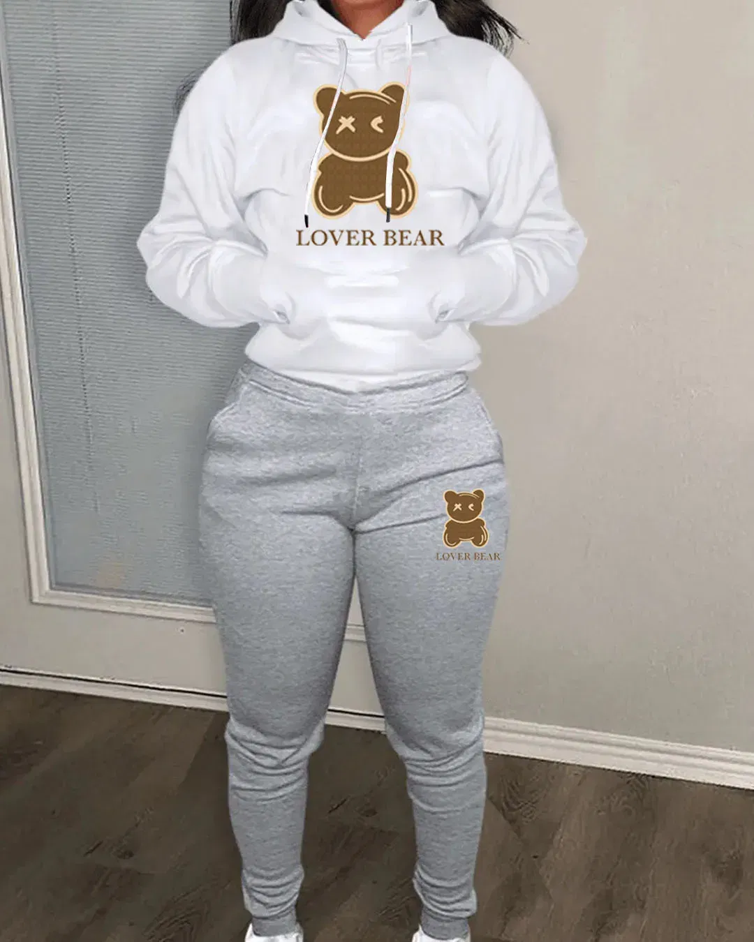 Color: green, Size: XXL - 2 Piece Set Women Outfit Letter Bear Print Hooded Neck Hoodies Sweatshirt Pants Tracksuit 2024 Plus Size Streetwear Casual Suit