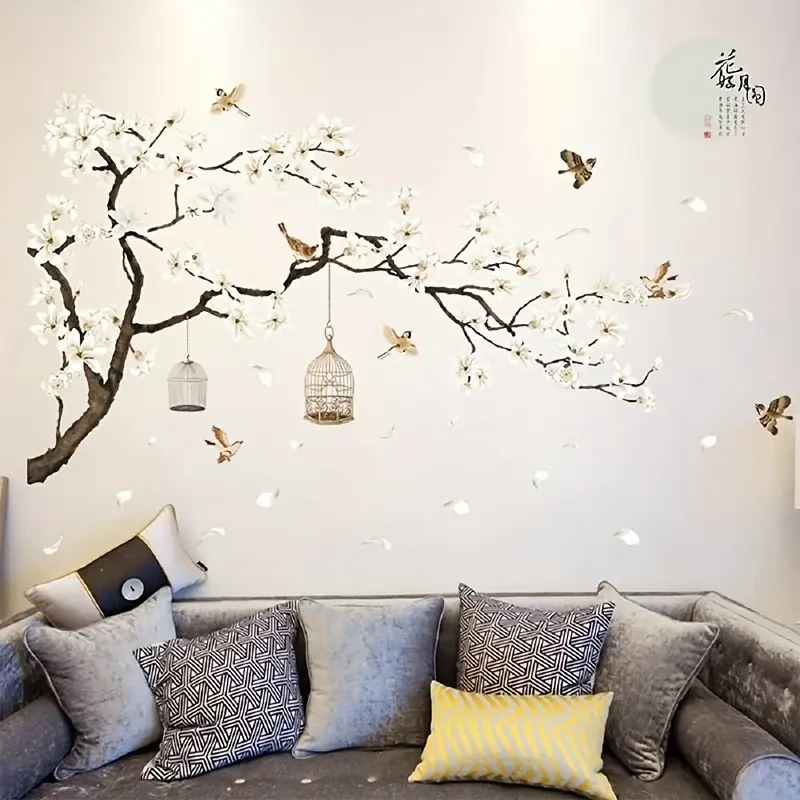 Chinese-Style Wall Stickers Flying Birds & White Flowers