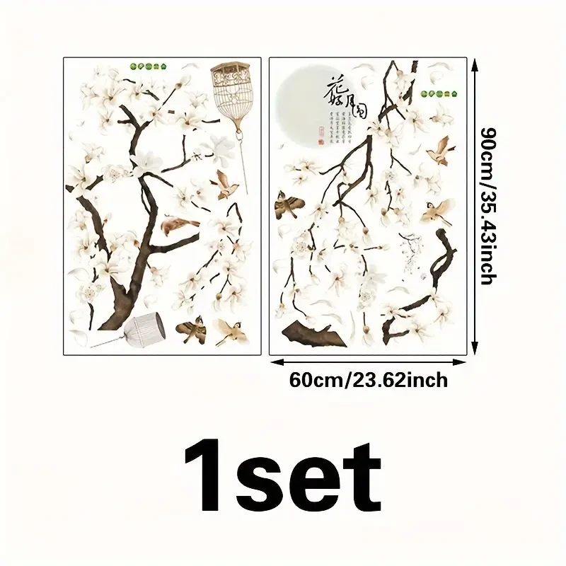 Chinese-Style Wall Stickers Flying Birds & White Flowers